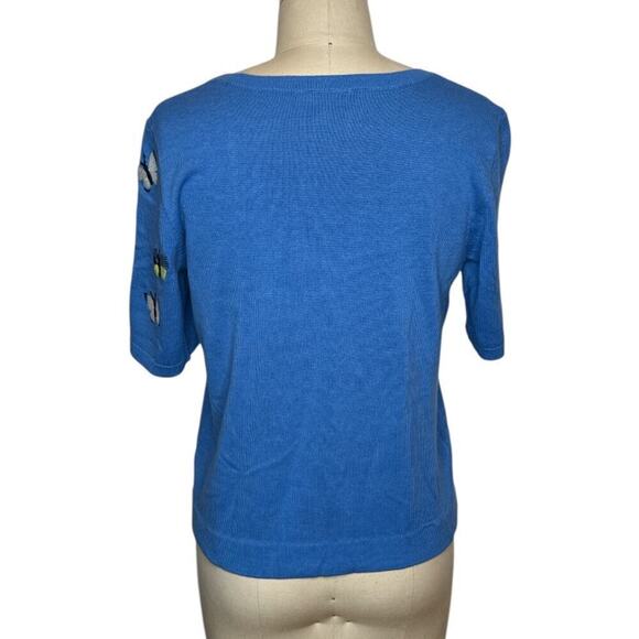 Vntg Talbots Petite Blue Sequined Butterflies Short Sleeve Sweater Top Womens LP - Picture 3 of 6